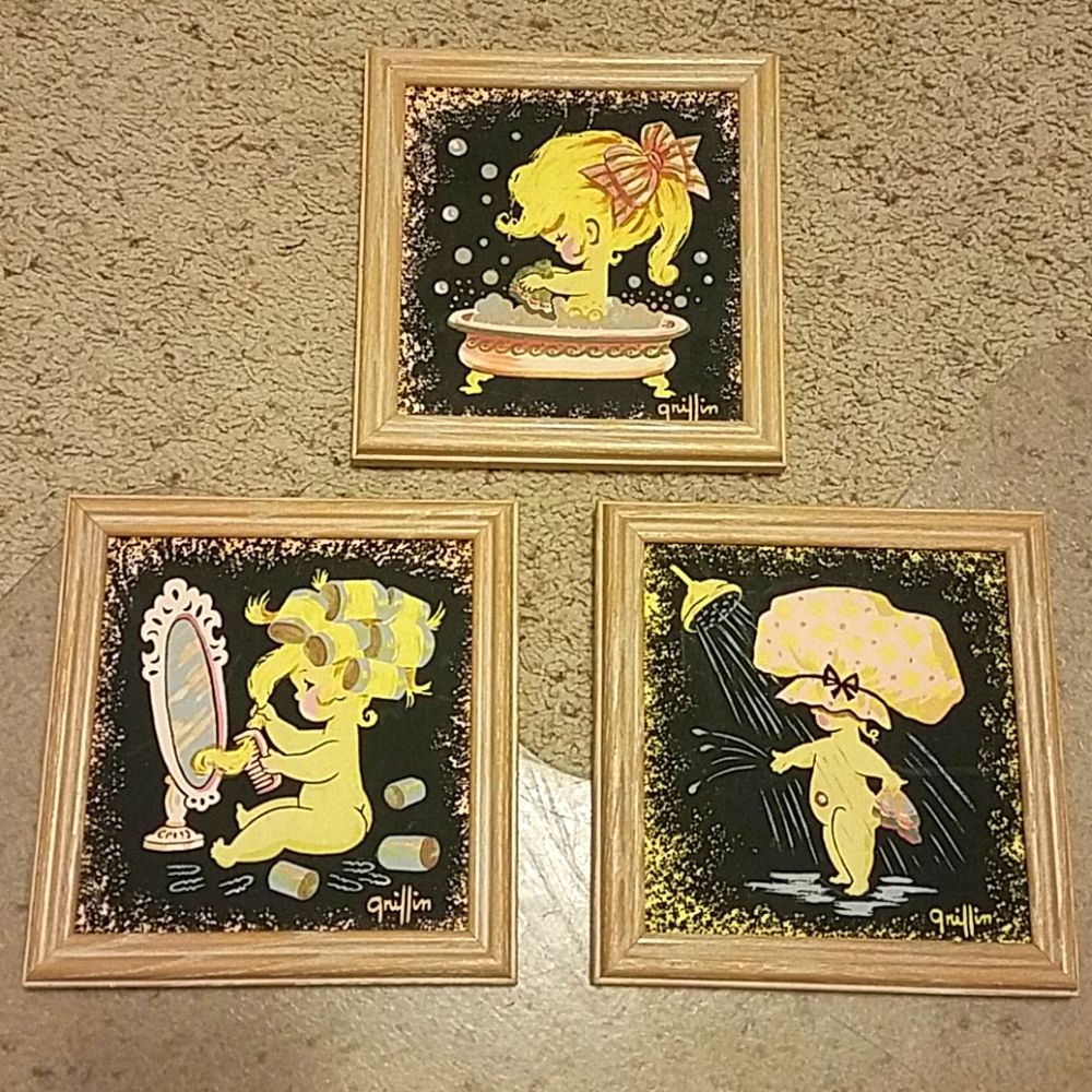 Set of 3 Vintage Little Girl Bathroom Paintings